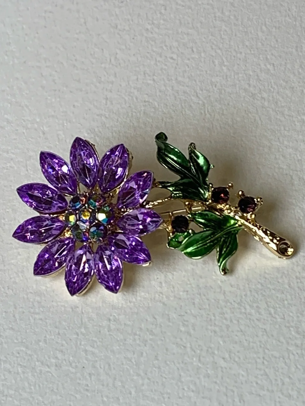 Rhinestone Flower Brooch Purple Amethyst Gold Tone